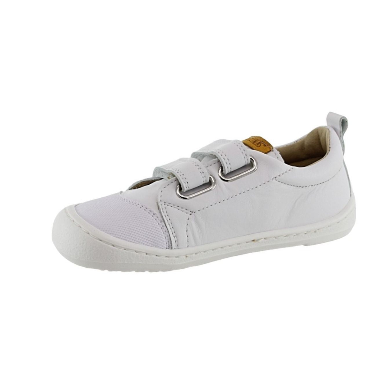 Calzado respetuoso  escolar blanco flexi nens Horma anatómica, plantilla extraíble, suela fina, flexible y plana de 4 mm, Sistema de regulación de cierre de doble velcro y suela de goma antideslizante en color blanco.