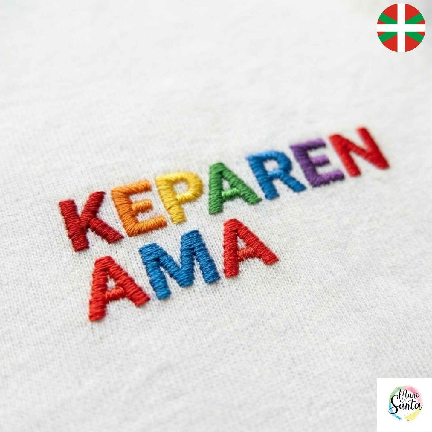 Camiseta Personalizada para Mamá ENTALLADA EUSKERA Blanca "NOMBRE-(R)EN AMA (Nombre)" - Bordado Arcoiris Premium