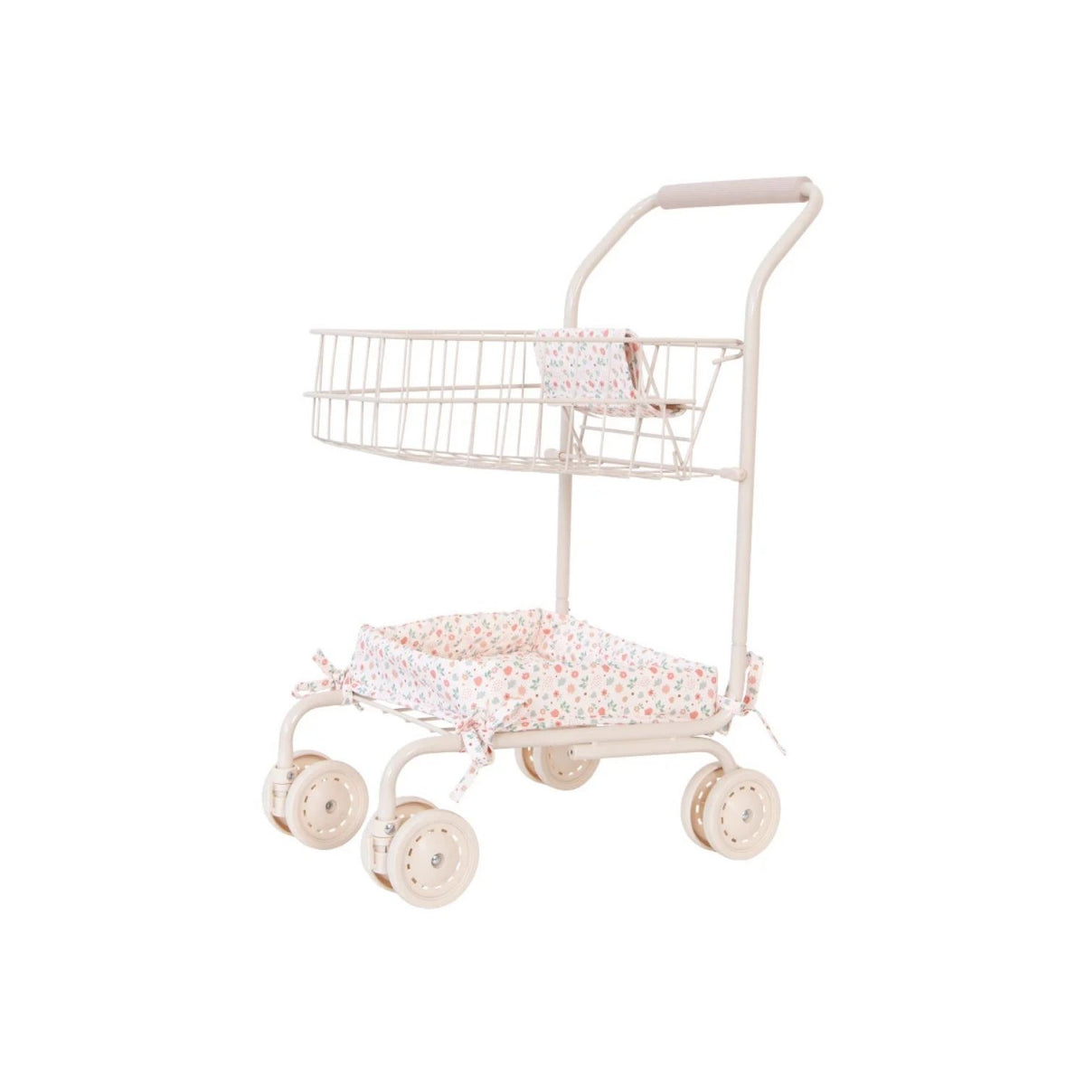 Carrito de paseo para muñecas personalizable con bordado. Chasis de metal, ruedas giratorias, doble cesta y mango acolchado. ¡Personalízalo hoy!