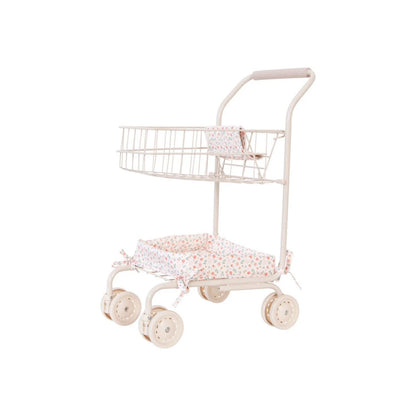 Carrito de paseo para muñecas personalizable con bordado. Chasis de metal, ruedas giratorias, doble cesta y mango acolchado. ¡Personalízalo hoy!