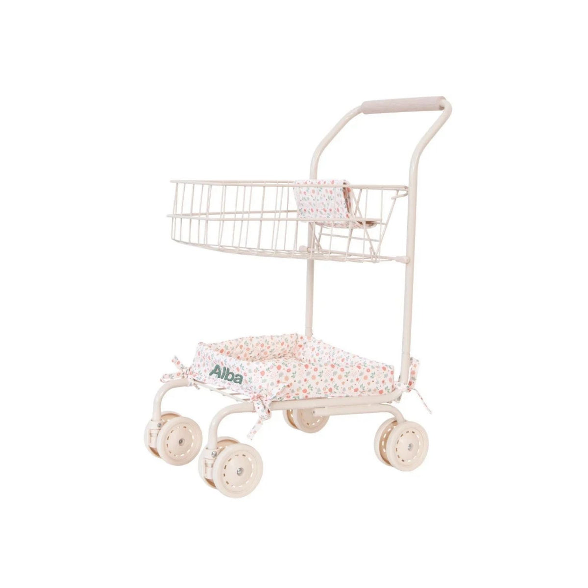 Carrito de paseo para muñecas personalizable con bordado. Chasis de metal, ruedas giratorias, doble cesta y mango acolchado. ¡Personalízalo hoy!