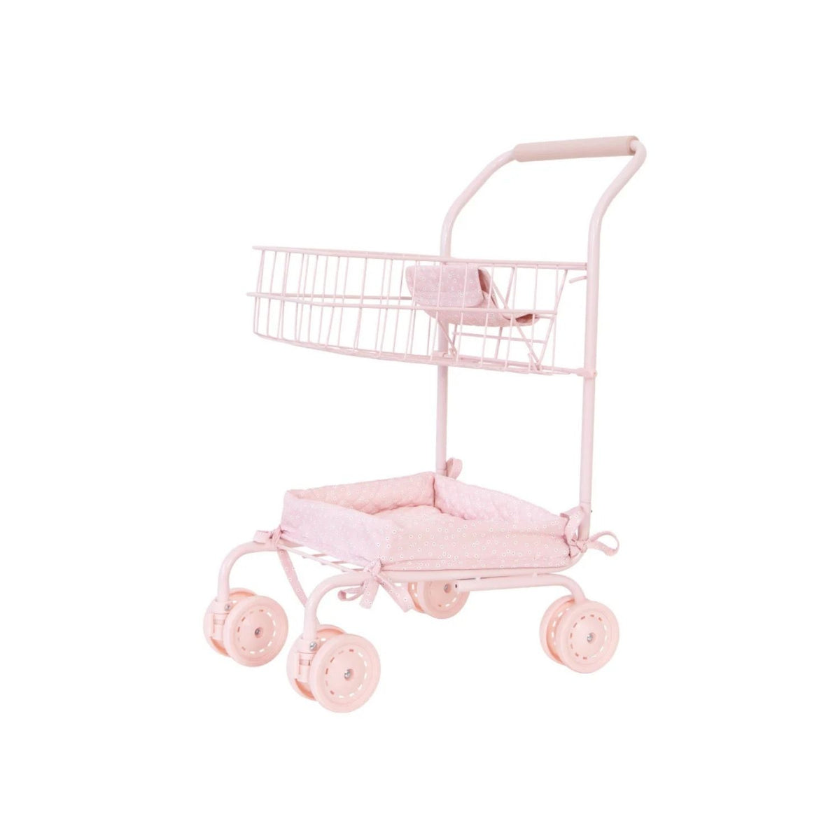 Carrito de paseo para muñecas personalizable con bordado. Chasis de metal, ruedas giratorias, doble cesta y mango acolchado. ¡Personalízalo hoy!
