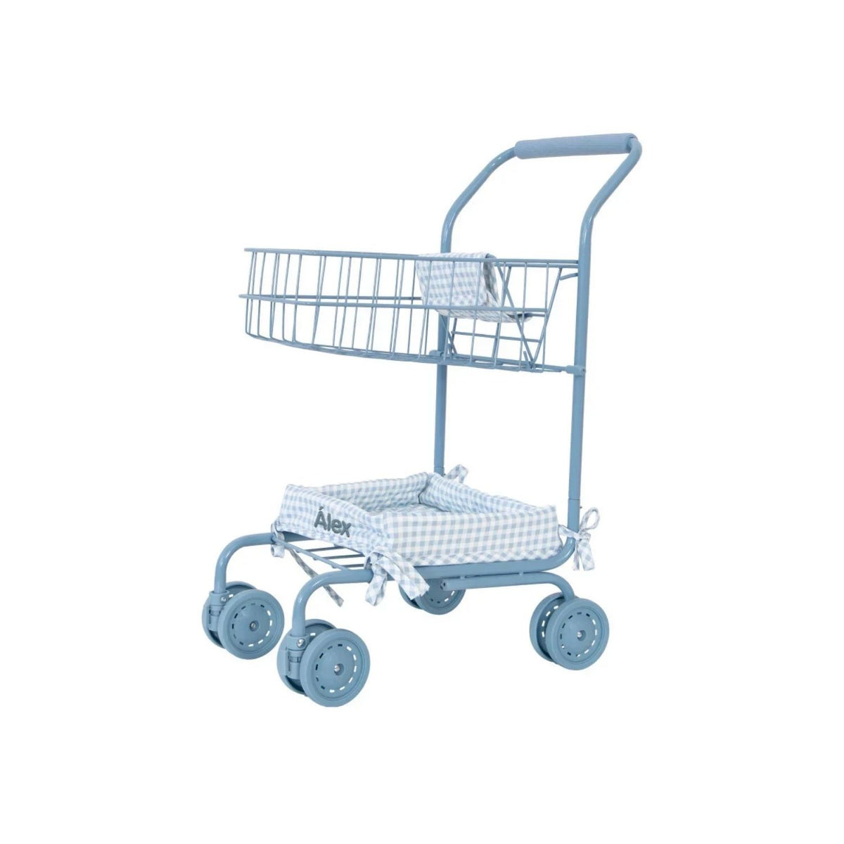 Carrito de paseo para muñecas personalizable con bordado. Chasis de metal, ruedas giratorias, doble cesta y mango acolchado. ¡Personalízalo hoy!