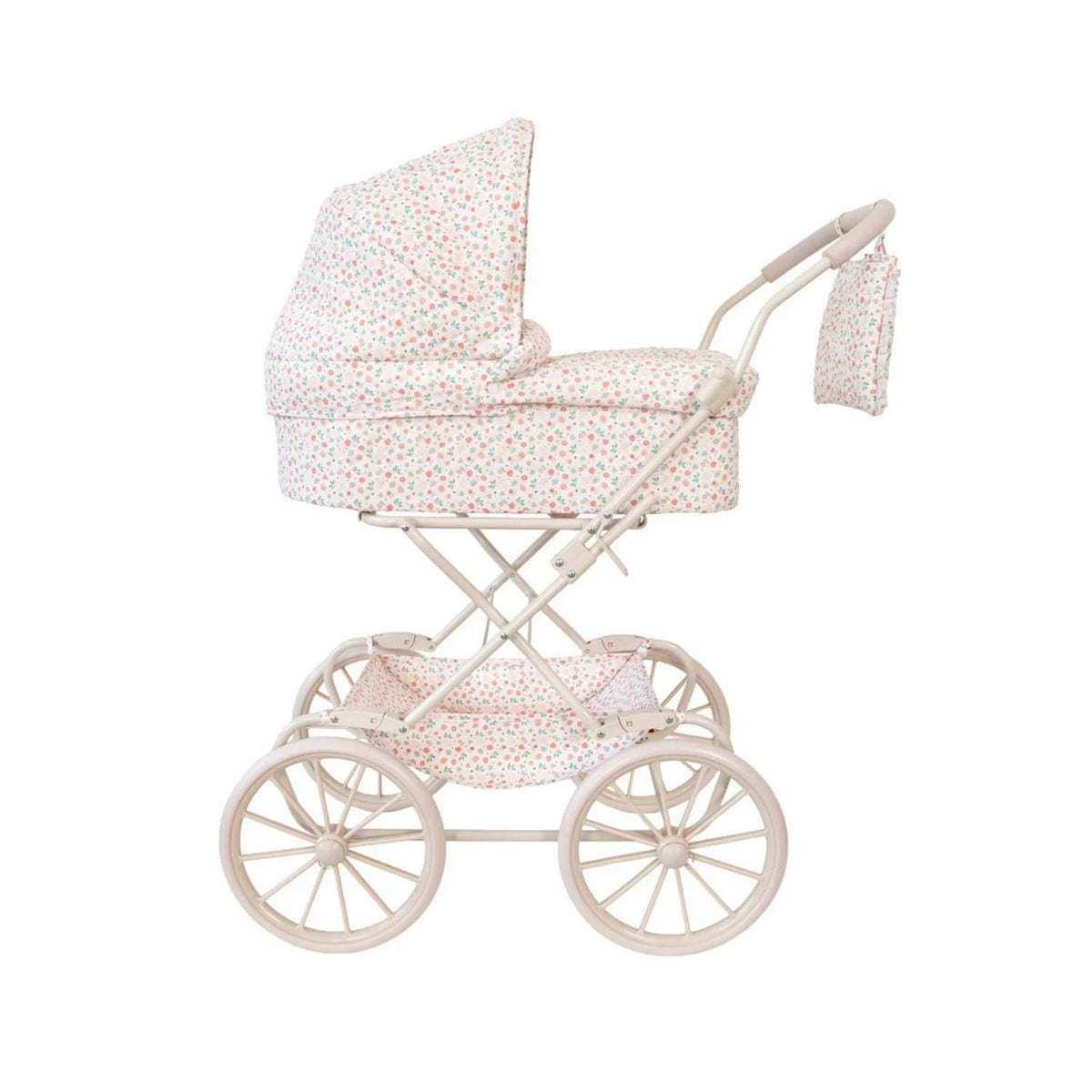 Cochecito para muñecas personalizable con bordado. Incluye bolsa canastilla, colchón y manillar acolchado a 80 cm. Lavable y pleg