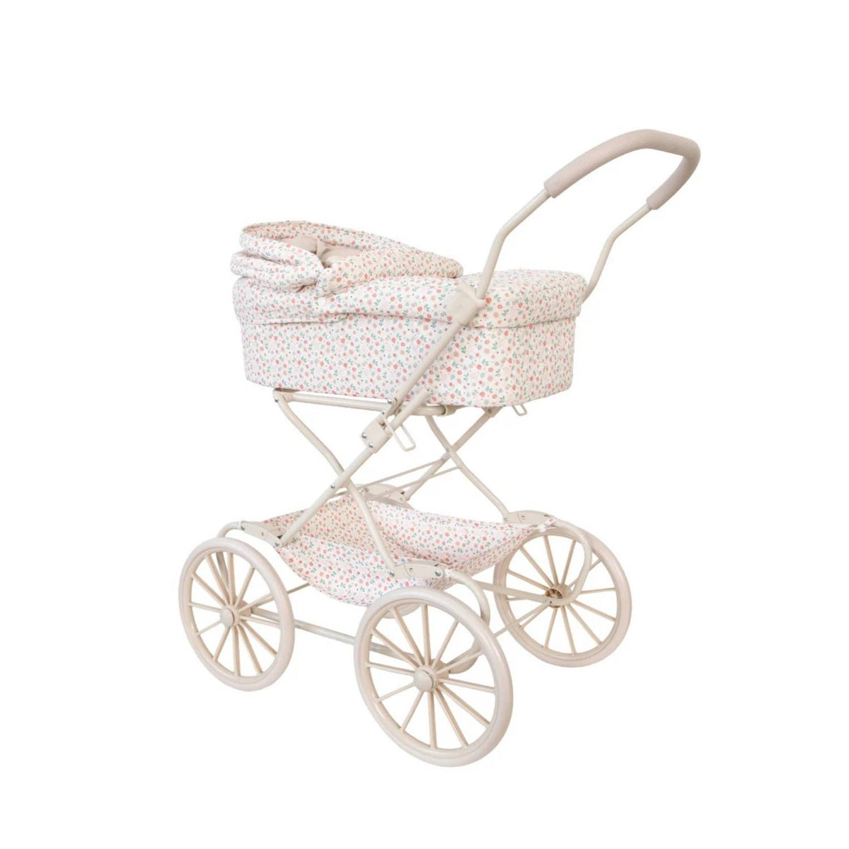 Cochecito para muñecas personalizable con bordado. Incluye bolsa canastilla, colchón y manillar acolchado a 80 cm. Lavable y pleg
