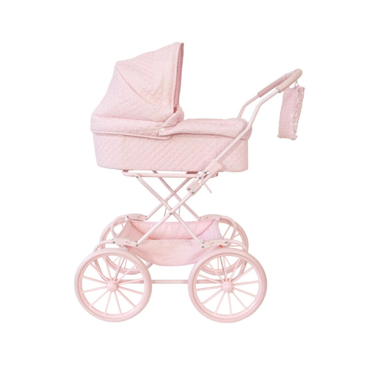 Cochecito para muñecas personalizable con bordado. Incluye bolsa canastilla, colchón y manillar acolchado a 80 cm. Lavable y plegable. ¡Hazlo único!