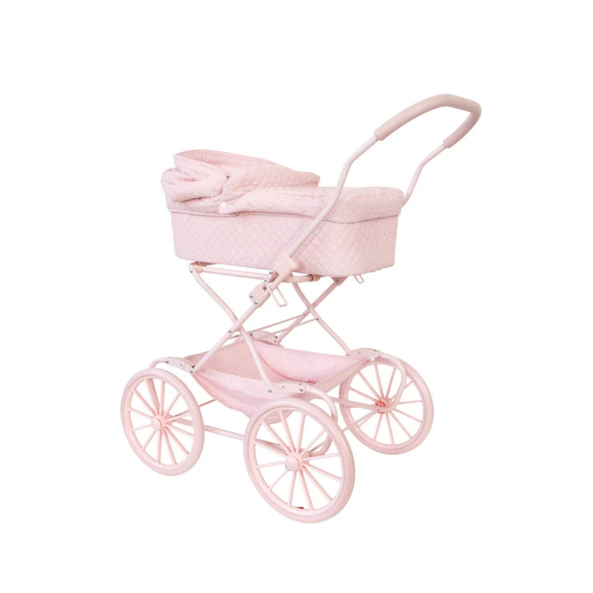 Cochecito para muñecas personalizable con bordado. Incluye bolsa canastilla, colchón y manillar acolchado a 80 cm. Lavable y plegable. ¡Hazlo único!