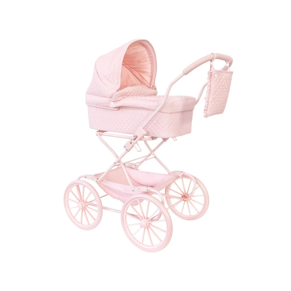 Cochecito para muñecas personalizable con bordado. Incluye bolsa canastilla, colchón y manillar acolchado a 80 cm. Lavable y plegable. ¡Hazlo único!