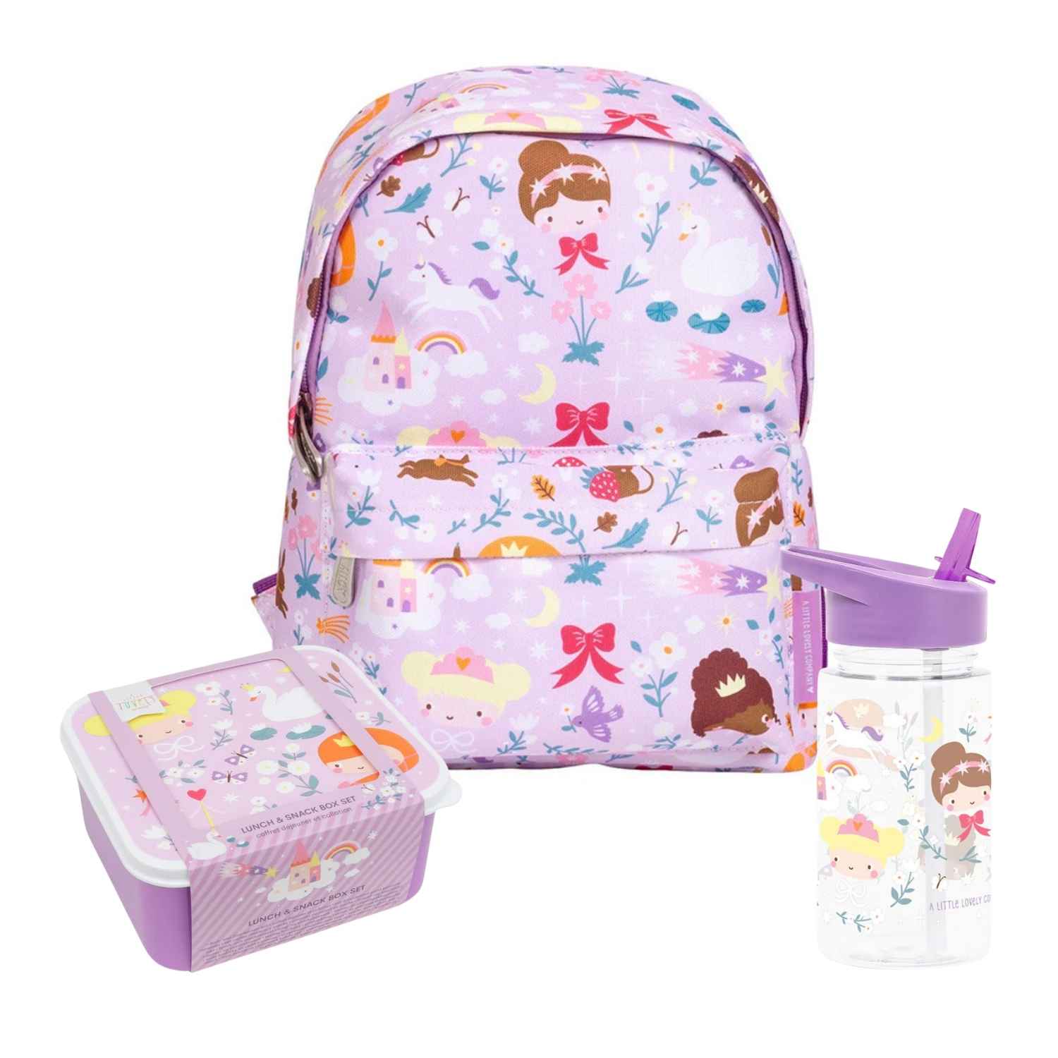 Consigue el Pack Vuelta al Cole PRINCESAS de A Little Lovely Company en Mano de Santa. El set infantil completo con mochila de 7 L, botella de tritán de 450 ml y 4 fiambreras apilables ideales para la guardería y el colegio.