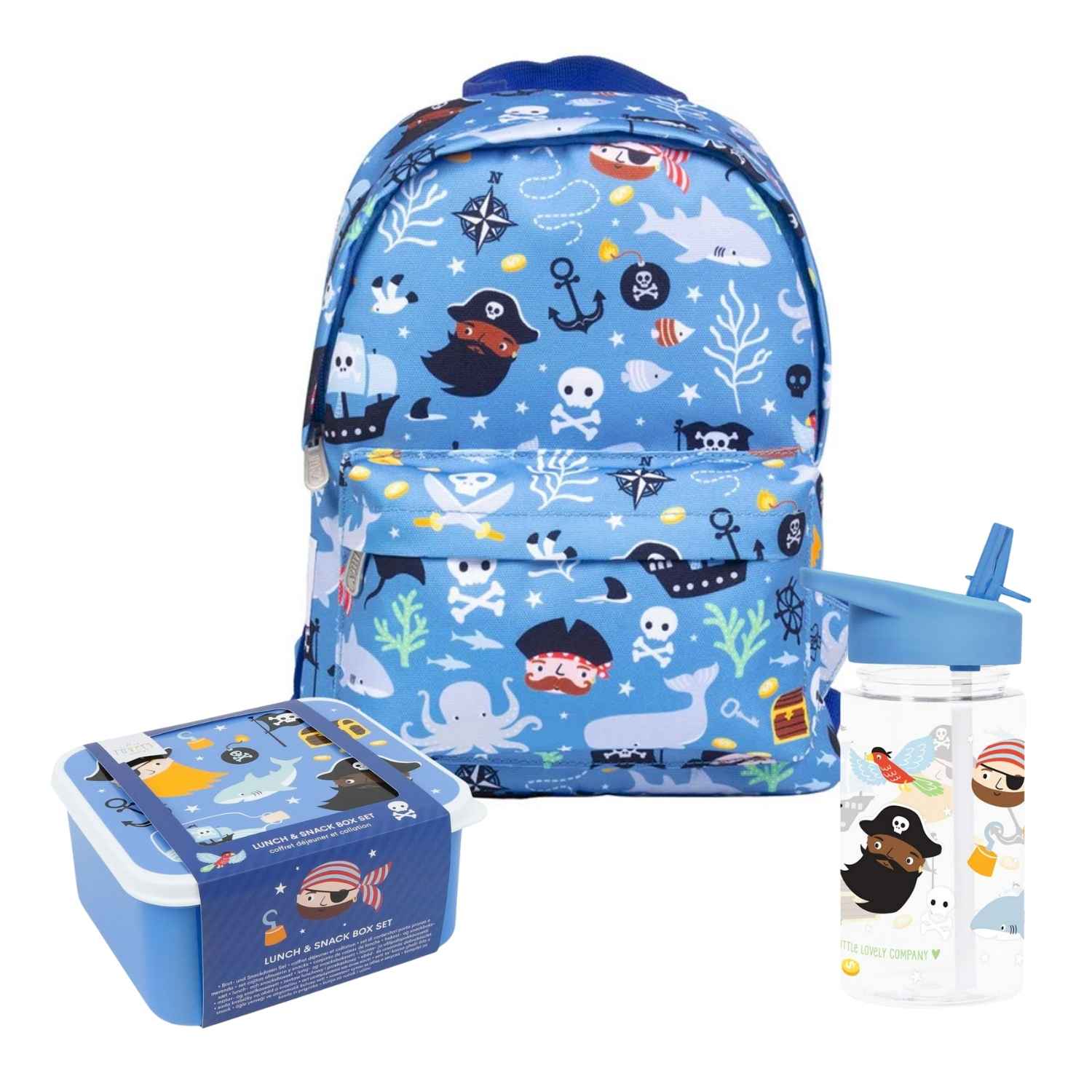 Consigue el Pack Vuelta al Cole piratas de A Little Lovely Company en Mano de Santa. El set infantil completo con mochila de 7 L, botella de tritán de 450 ml y 4 fiambreras apilables ideales para la guardería y el colegio.