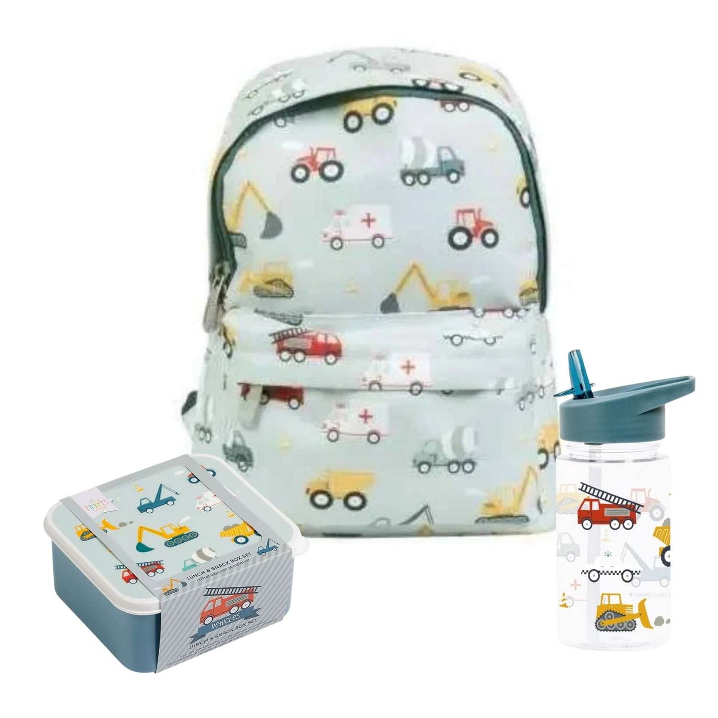 Pack Vuelta al Cole COCHES: Mochila + Botella Tritán + Set de 4 Cajas de Almuerzo A Little Lovely Company