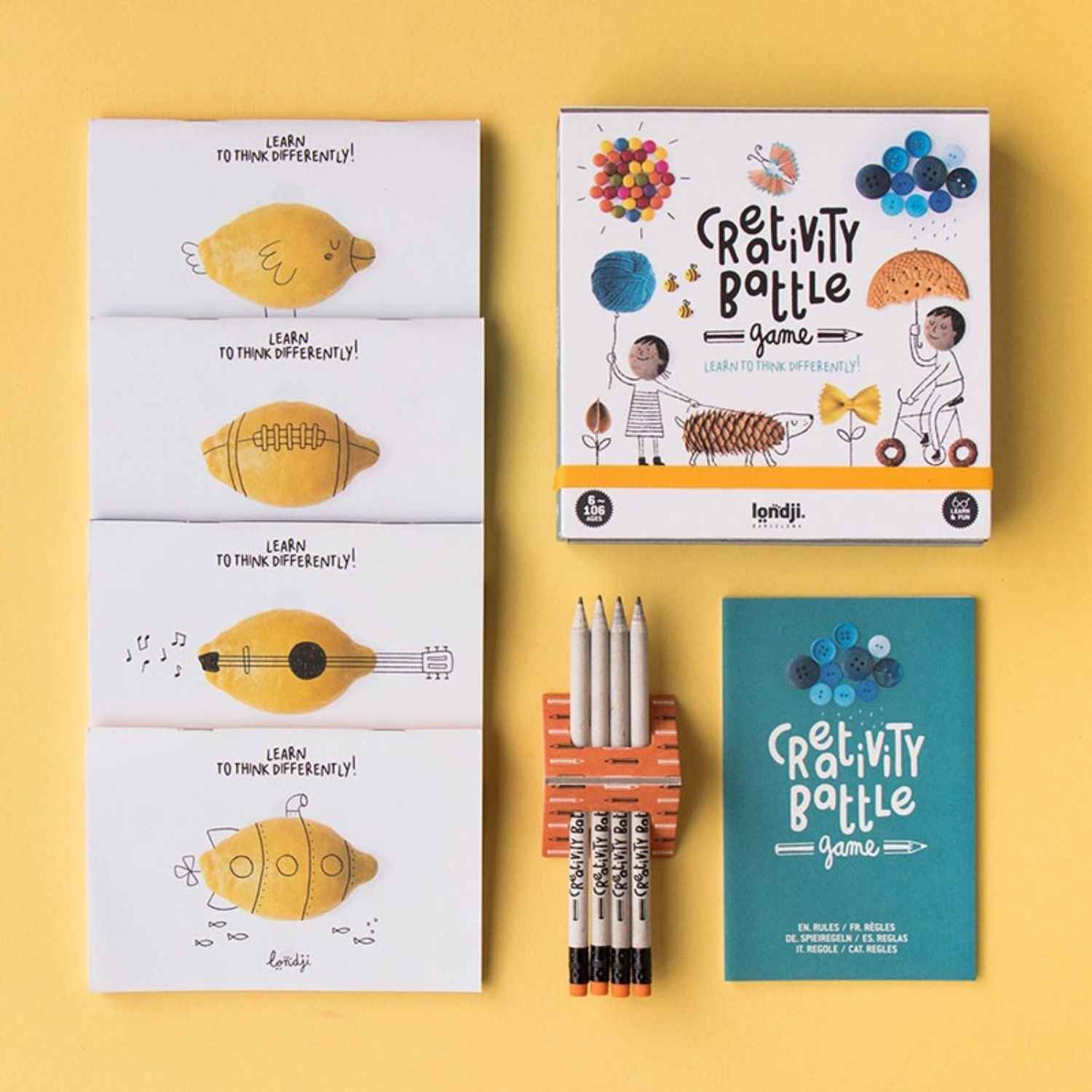 Creativity Battle de Londji es mucho más que un juego de dibujo; es un gimnasio para la imaginación. ¿Qué ves en un simple limón? ¿Un submarino, un ovni o quizás un pájaro amarillo? Este juego creativo de Londji desafía a niños y adultos a mirar más allá de lo evidente.