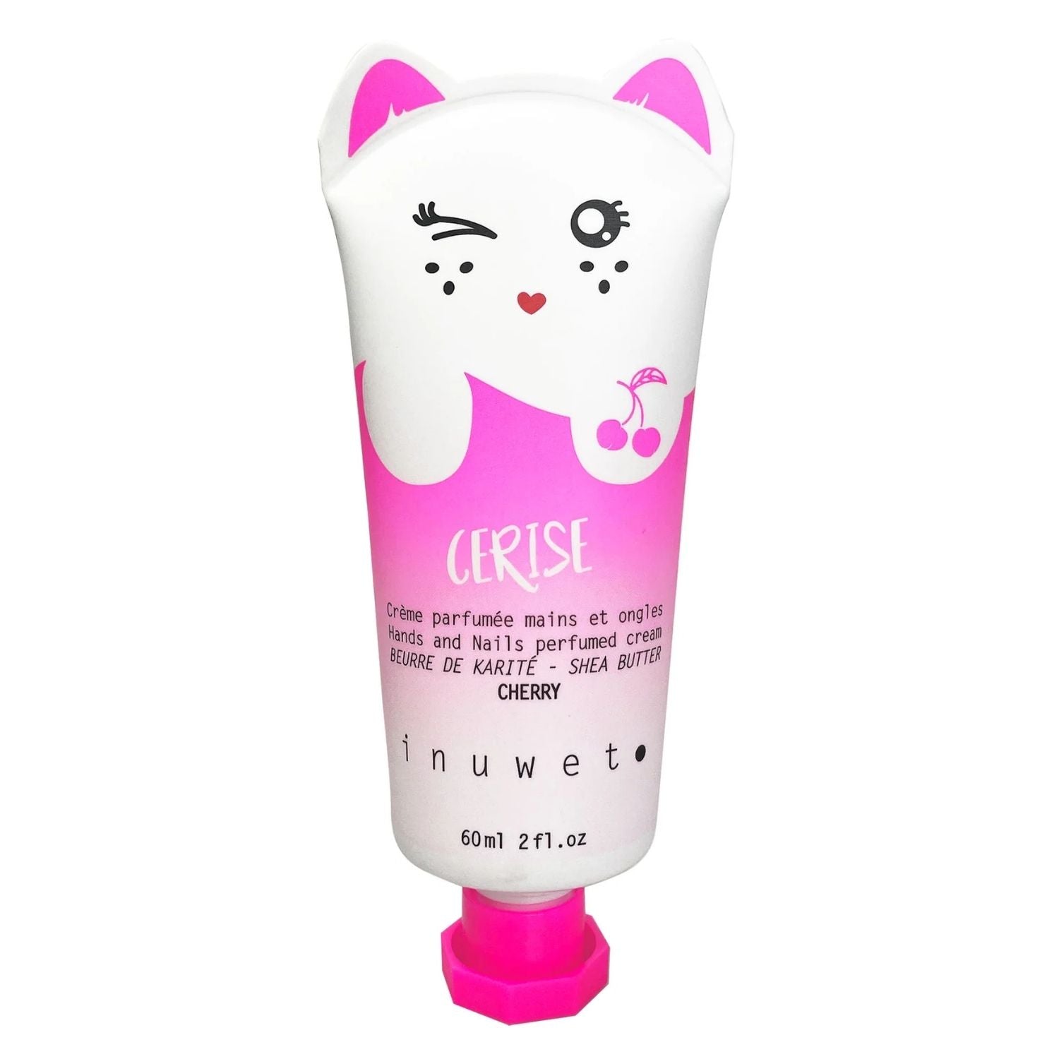 a crema de manos y uñas de cereza de Inuwet. Este original producto combina una estética kawaï única con una rica fórmula vegana que repara la piel en profundidad. Su textura se absorbe rápidamente sin dejar sensación grasa, convirtiendo cada aplicación 
