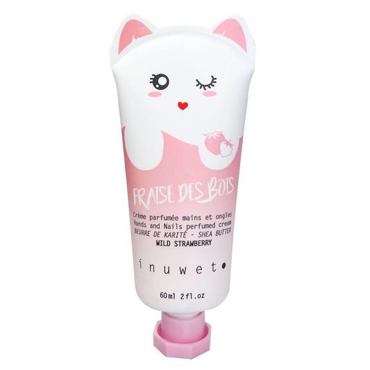 a crema de manos y uñas de fresa silvestre de Inuwet. Este original producto combina una estética kawaï única con una rica fórmula vegana que repara la piel en profundidad. Su textura se absorbe rápidamente sin dejar sensación grasa, convirtiendo cada aplicación