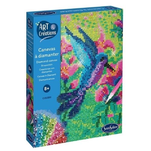 ¡Descubre el fascinante mundo del Diamond Painting con el Cuadro Mosaico con Diamantes Colibrí! Esta actividad creativa permite a los pequeños artistas diseñar su propia obra de arte con miles de brillantes diamantes de colores.  caja