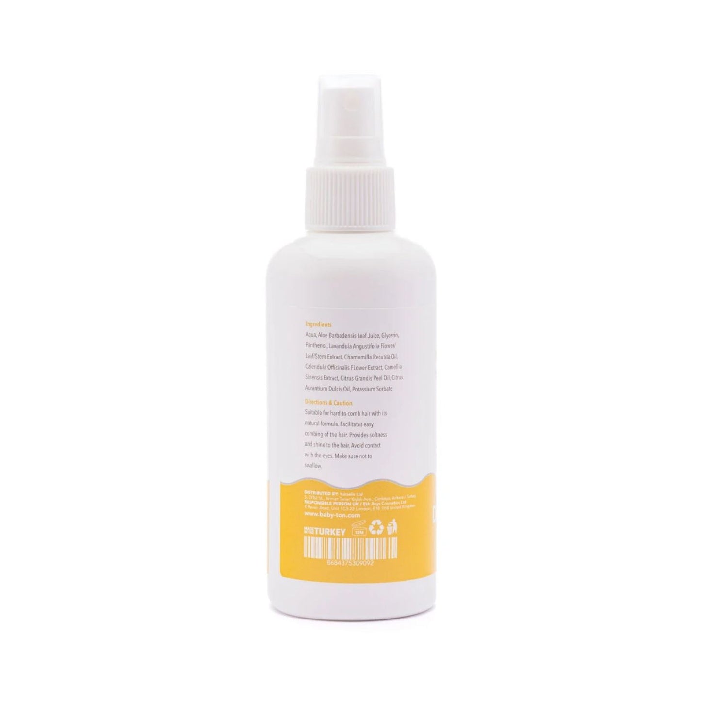 Spray desenredante natural Babyton de 200ml con aloe vera y lavanda. Facilita el peinado sin tirones y aporta brillo. Cuidado vegano y seguro en www.manodesantaoficial.es.