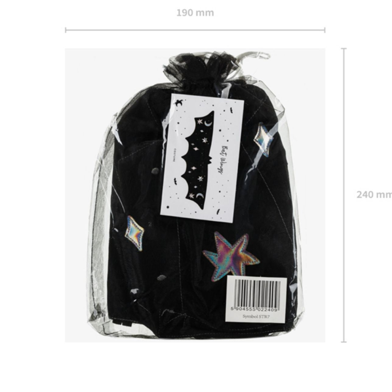 🦇 Disfraz Infantil – Alas de Murciélago Negras
Edad recomendada: de 3 a 7 años
Color: Negro con detalles plateados
Incluye: 1 par de alas