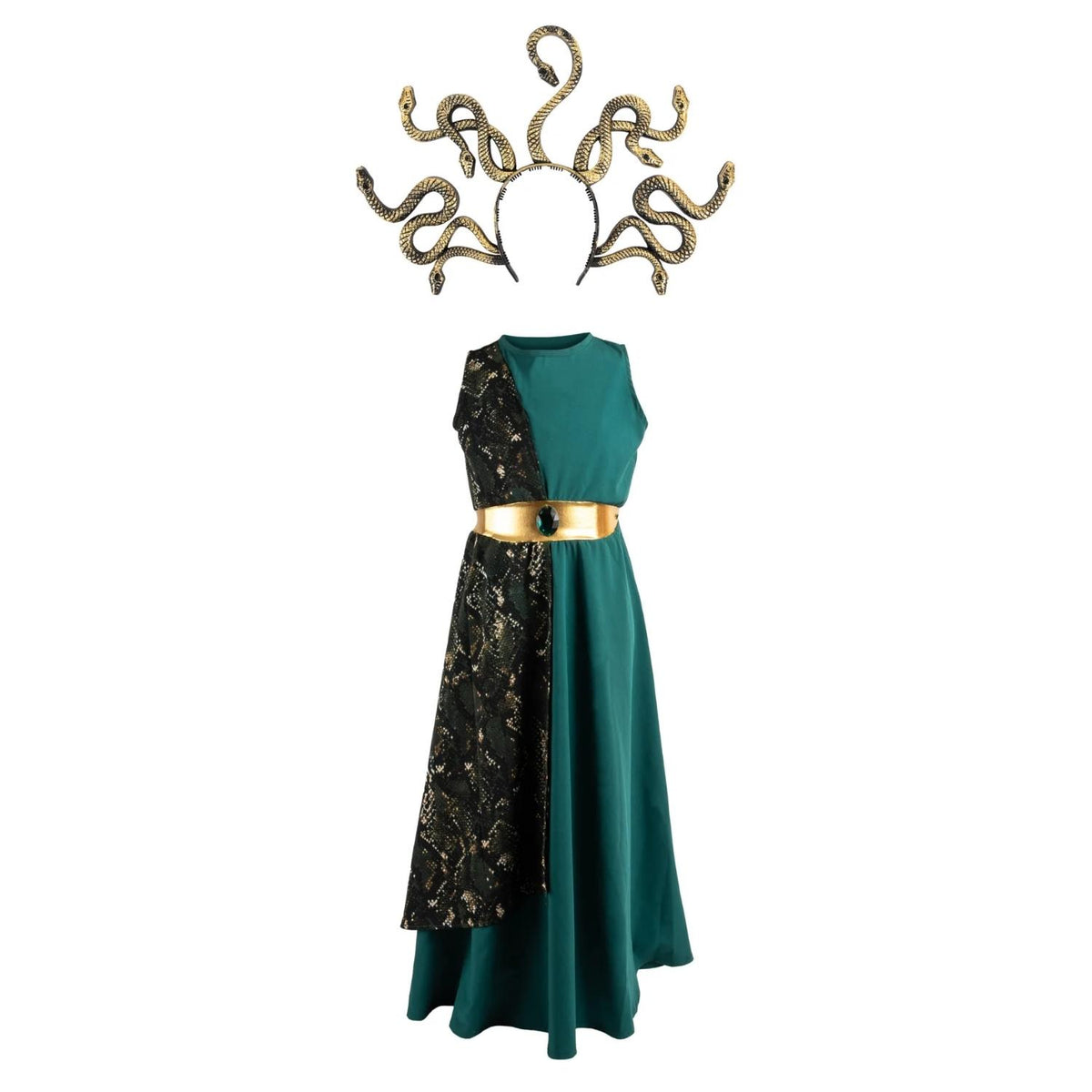 Compra el disfraz de Medusa para niña con diadema incluida. Traje mitológico con detalles dorados para Carnaval y Halloween. ¡Diversión de leyenda!