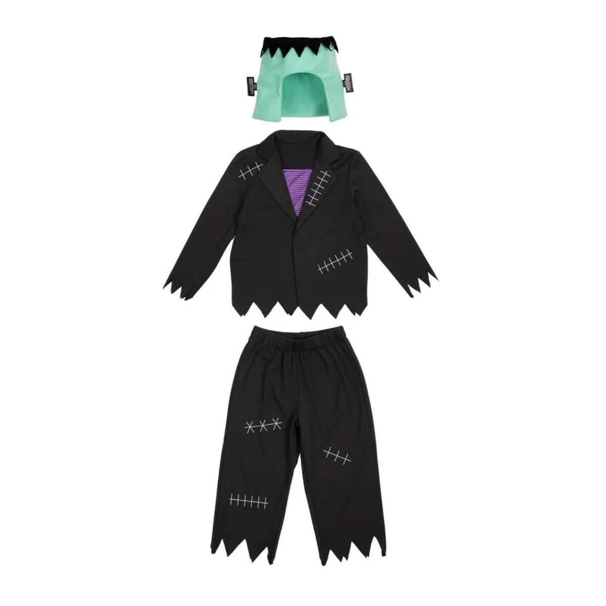 Compra el disfraz Monster Mash de Great Pretenders estilo Frankenstein. Set de camiseta, pantalón y diadema con costuras que brillan en la oscuridad.