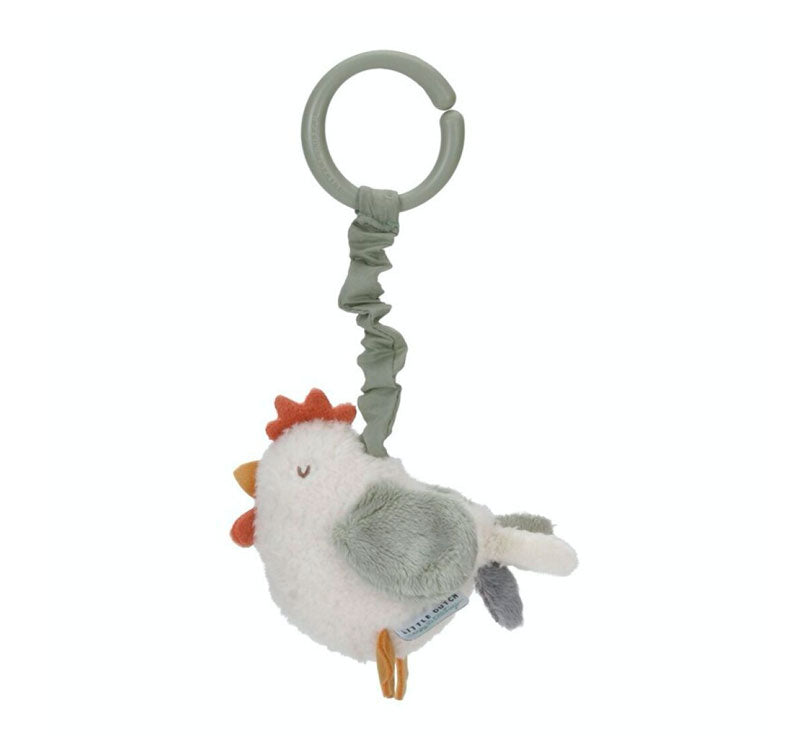 Tira de la cuerda y agita esta bonita gallina de la colección Little Farm de Little Dutch. Con una anilla que permite el enganche del juguete al carrito, la sillita del coche o a la cuna, enseguida tu bebé empezará agitarla, las risas están garantizadas.