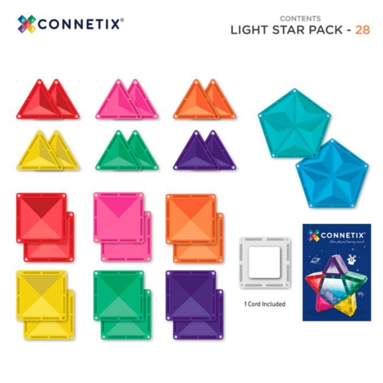 Light Star Pack – Connetix (Juego de construcción con pieza de luz recargable)

A partir de 3 años 👶🏼✨

Incluye 27 piezas: triángulos, cuadrados, pentágonos y una estrella luminosa

Pieza central con luz recargable USB 🔋💡

Compatible con Connetix, Imanix y Magna-Tiles

Perfecto para juego libre, mesas de luz y aprendizaje STEAM

Plástico ABS de grado alimenticio, libre de BPA y ftalatos

Diseño biselado: más resistente a arañazos y con mejor refracción de luz 🌈