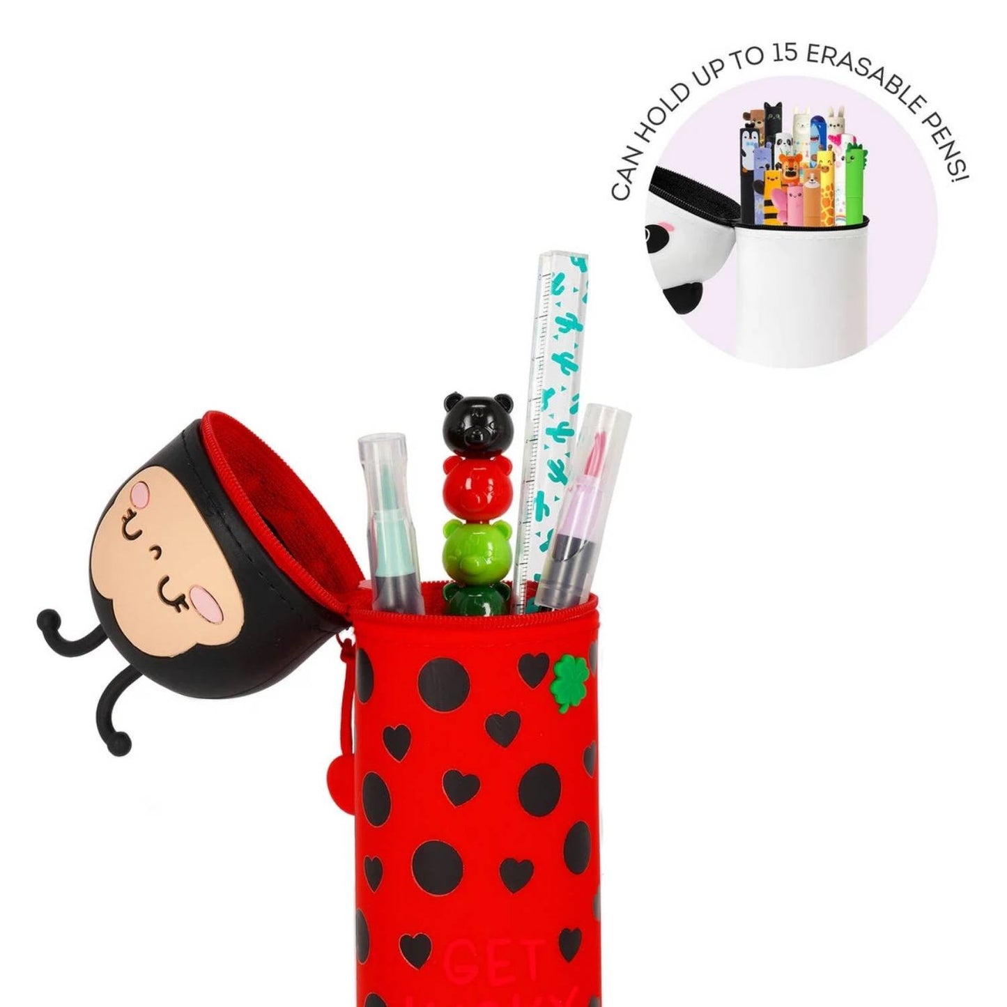 Consigue el Estuche 2 en 1 de Silicona Ladybug de Legami. Diseño retráctil que se convierte en lapicero de mesa. Suave, resistente y perfecto para fans de lo Kawaii.