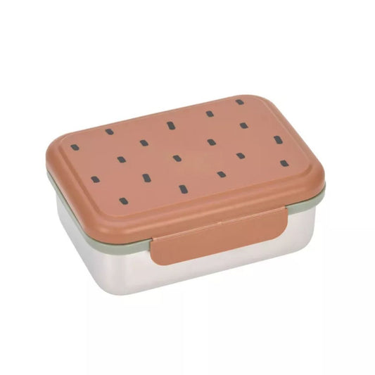 la fiambrera Happy Prints Caramel&nbsp;es la aliada perfecta para llevar comidas saludables y bien organizadas al cole, al parque o de excursión. Su diseño en acero inoxidable 100% la hace resistente, duradera y segura para el uso diario