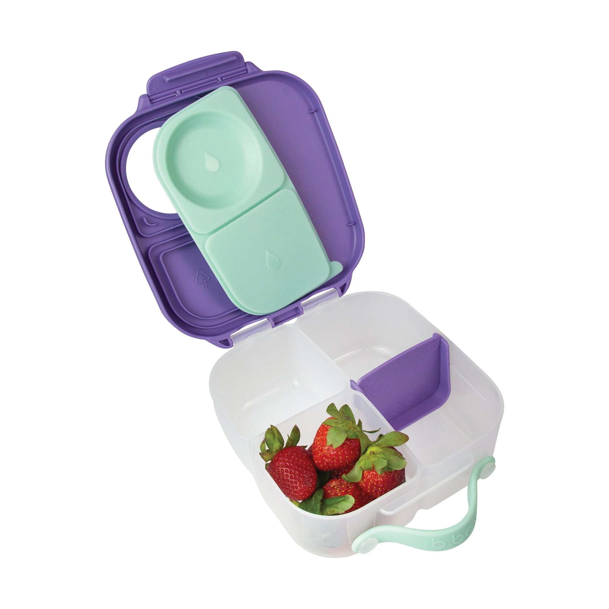 Fiambrera infantil mediana Mini Lunchbox Lilac Pop. Tupper hermético para niños con espacio para fruta entera, libre de BPA y apto para lavavajillas. Ideal para el cole.