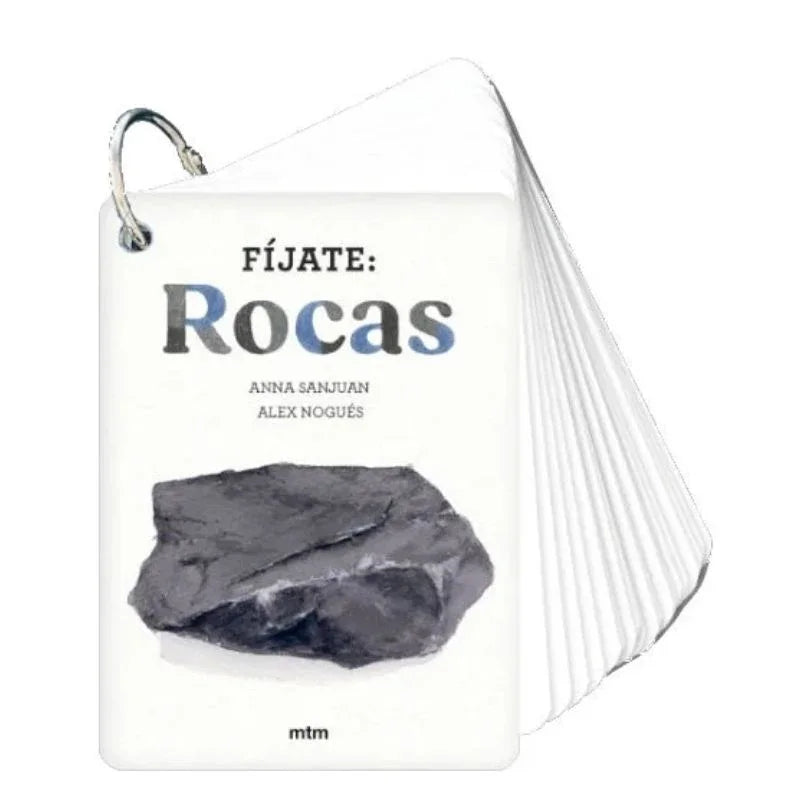 Fíjate: Rocas está compuesta por 22 cartas de alto gramaje (20 dedicadas a distintos tipos de rocas), con ilustraciones preciosas y datos fascinantes sobre su origen y características. Aprenderán a reconocer formaciones comunes como granito, esquisto o arenisca mientras desarrollan su capacidad de observación y amor por la naturaleza.