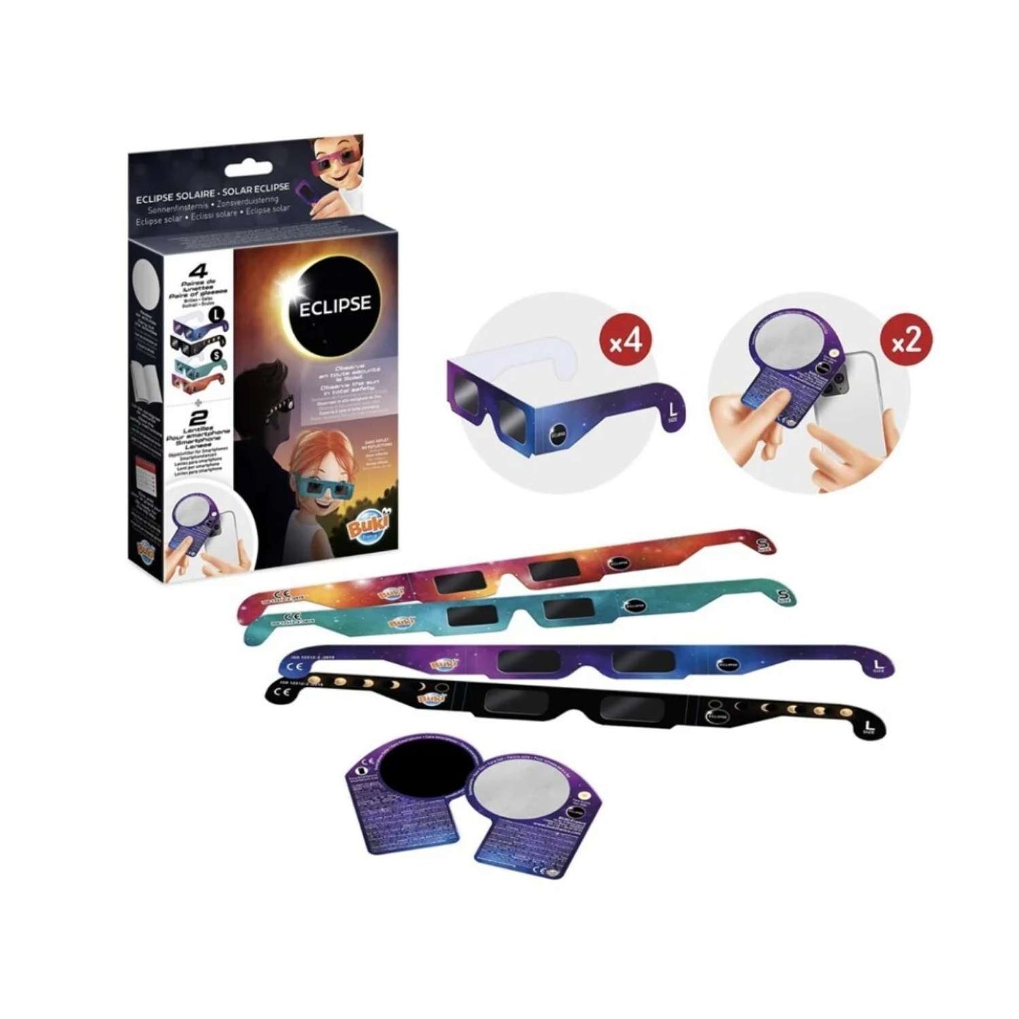 Un pack DE GAFAS SOLARES PARA EL ECLIPSE SOLAR que incluye cuatro pares de gafas y dos lentes para smartphone.&nbsp;¡Prepárate para el eclipse total y parcial de agosto!&nbsp;Filtro solar conforme a la norma EN ISO 12312-2:2015.