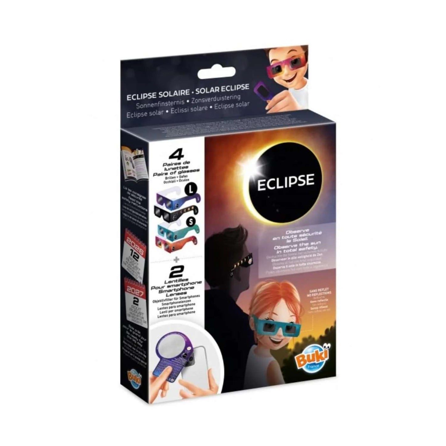 Un pack DE GAFAS SOLARES PARA EL ECLIPSE SOLAR que incluye cuatro pares de gafas y dos lentes para smartphone.&nbsp;¡Prepárate para el eclipse total y parcial de agosto!&nbsp;Filtro solar conforme a la norma EN ISO 12312-2:2015.