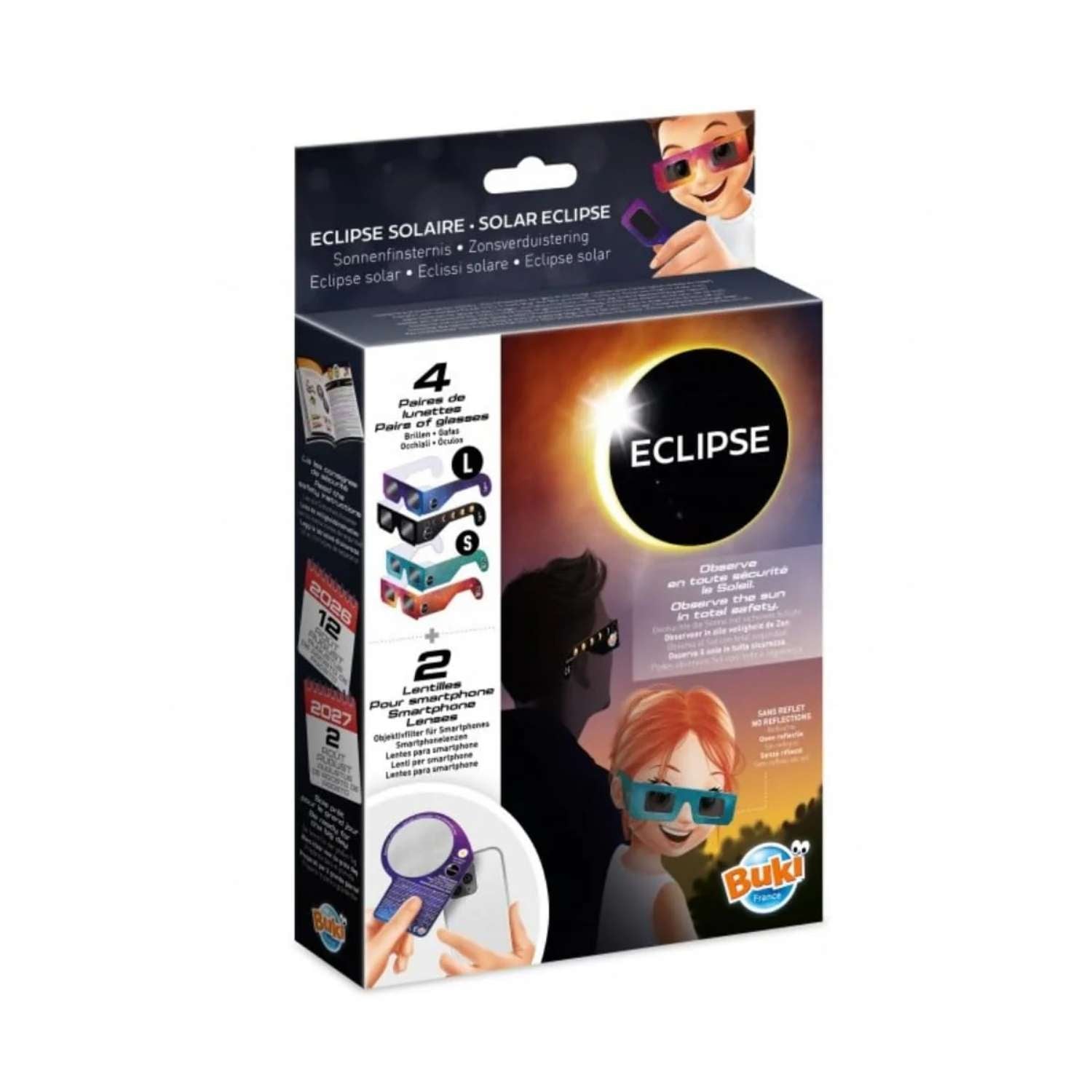 Un pack DE GAFAS SOLARES PARA EL ECLIPSE SOLAR que incluye cuatro pares de gafas y dos lentes para smartphone.&nbsp;¡Prepárate para el eclipse total y parcial de agosto!&nbsp;Filtro solar conforme a la norma EN ISO 12312-2:2015.