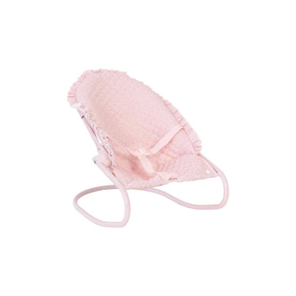 Hamaca plegable para muñecas de hasta 45 cm. Estructura 100% metal, ligera, desenfundable y con elegante diseño festoneado. ¡El rincón de relax para sus muñecos!