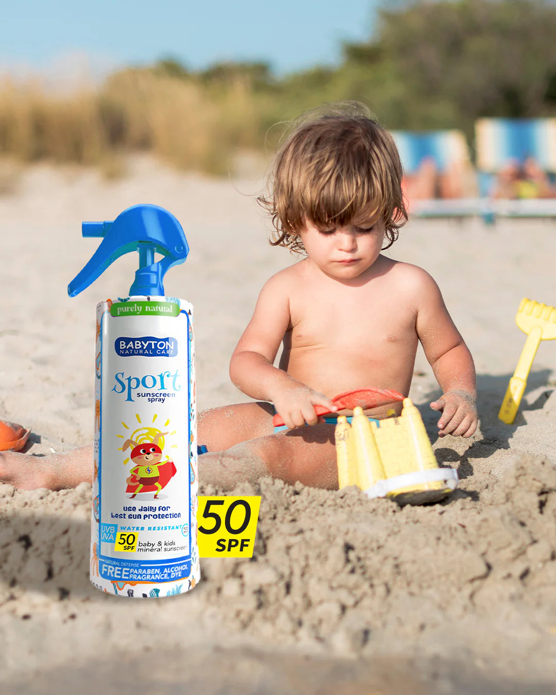 Protector solar en spray natural y resistente al agua para bebés y niños SPF 50 (200 ml). Protección solar mineral con óxido de zinc para pieles sensibles. ¡Compra el tuyo en www.manodesantaoficial.es y asegura un verano divertido y protegido!