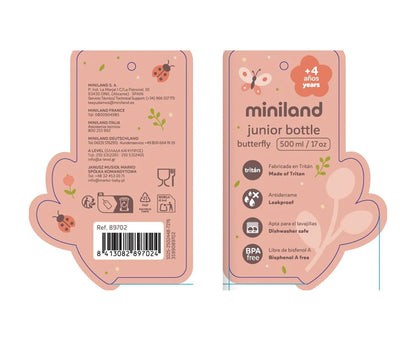 Compra la Botella Junior Tritan Butterfly de Miniland 500ml en www.manodesantaoficial.es. Antiderrames, ligera, sin BPA y perfecta para el cole o excursiones.