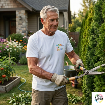 ompra la camiseta personalizada para abuelo con diseño arcoíris multicolor en Mano de Santa. Un regalo emotivo, cómodo y de alta calidad para los mejores abuelos. ¡Personalízala hoy!