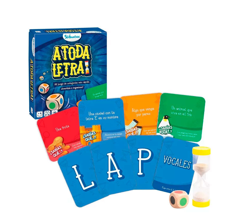 JUEGO DE CARTAS  a a toda letra de ludilo juego de palabras más veloz, entretenido e ingenioso! Distribuye las cartas con letras a los jugadores y pon las cartas de categorías en el centro de la mesa. Lanza el dado de colores, muestra la carta de categoría, empieza a correr el reloj de arena y ¡pensar rápido!