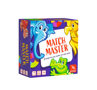 JUEGO DE CARTAS MATCH MASTER LUDILO Match Master, un juego loco y muy rápido se transforma con cada carta!  Gira las cartas en el mazo una por una y presta mucha atención a las ilustraciones: especie de animal, tonalidad y cantidad de veces que se repiten. CAJA