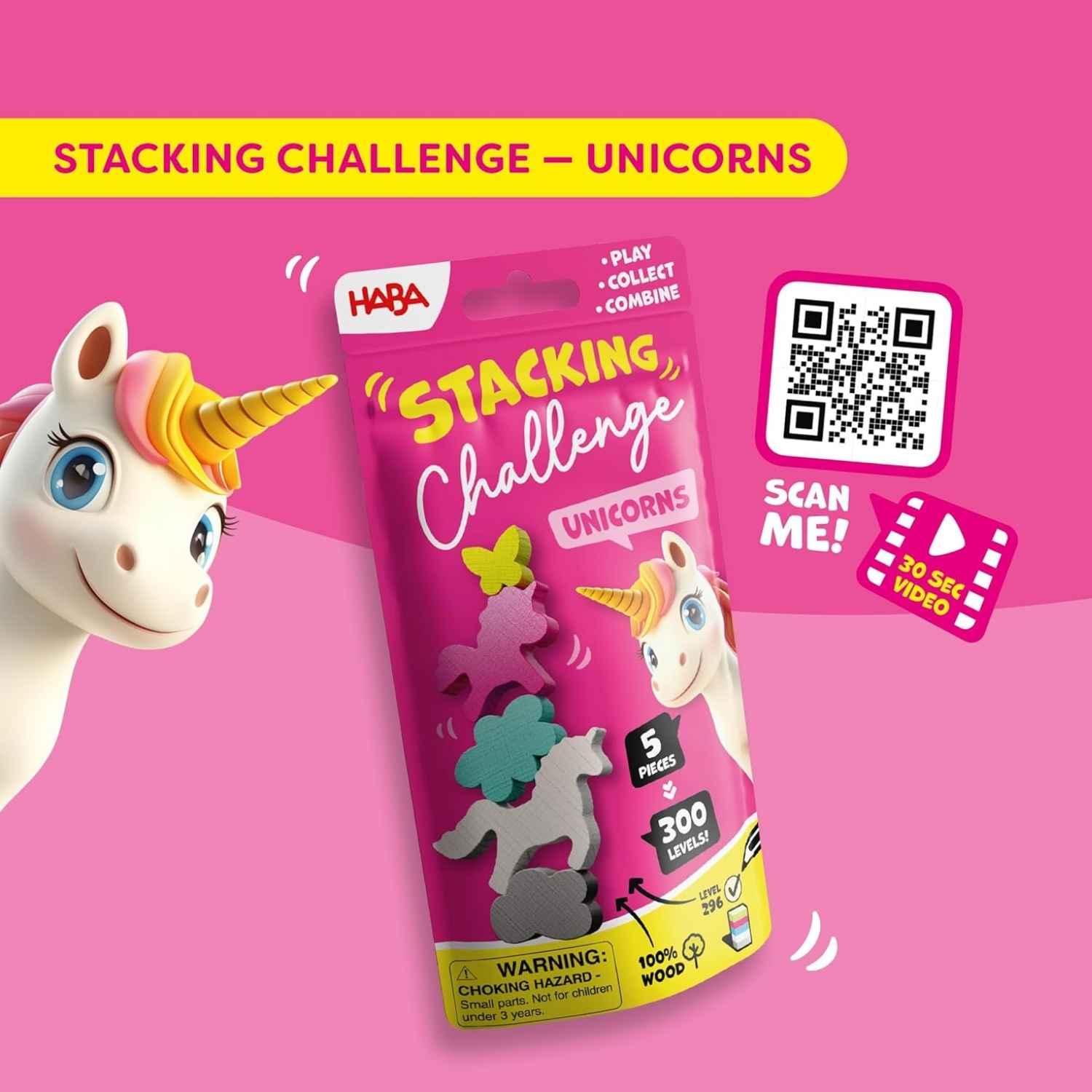 Stacking Challenge Unicorns de HABA: 300 retos de equilibrio y lógica para niños +6 años. Un juego de madera compacto y divertido para llevar a todas partes. ¡Disponible en www.manodesantaoficial.es!