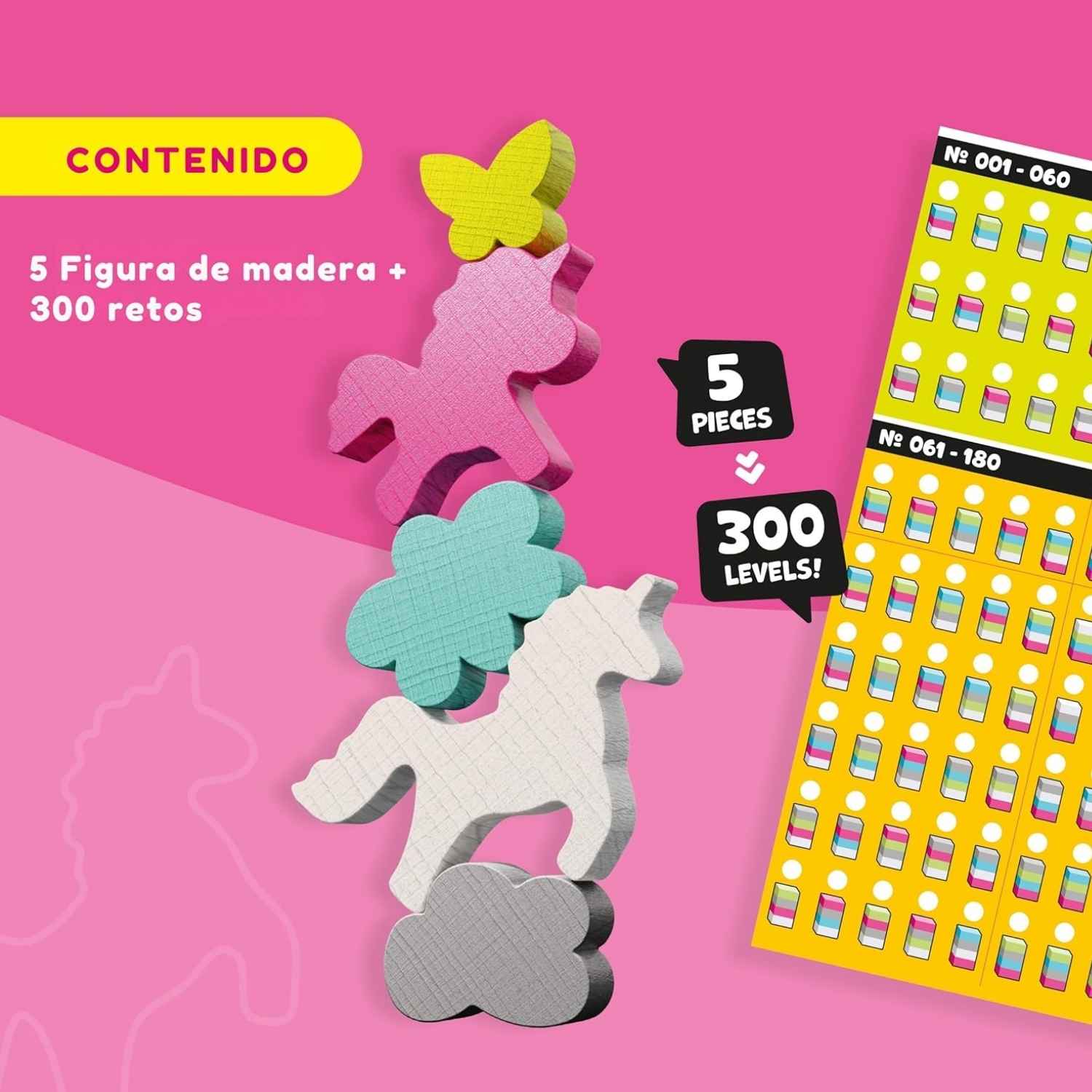 Stacking Challenge Unicorns de HABA: 300 retos de equilibrio y lógica para niños +6 años. Un juego de madera compacto y divertido para llevar a todas partes. ¡Disponible en www.manodesantaoficial.es!
