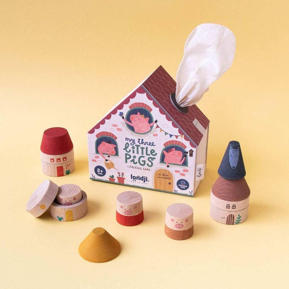 Compra el juego de madera My Three Little Pigs de Londji para niños desde 2 años. Madera de haya PEFC, tintes al agua y fabricación local en Barcelona.