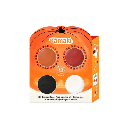 Compra el kit de pintura facial de Halloween Namaki ecológico. Maquillaje infantil seguro al agua con 4 colores, brocha y tatuajes temporales para niños.