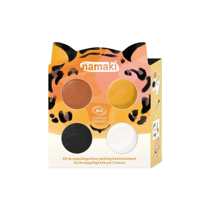 Kit de Pintura Facial TIGRE de Namaki. Diseñado especialmente para los más pequeños, este set de maquillaje ecológico para niños combina colores intensos de origen mineral con una textura cremosa respetuosa con la piel sensible.