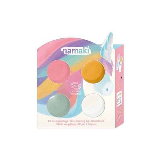  Kit de Pintura Facial Unicornio de Namaki. Diseñado especialmente para los más pequeños, este set de maquillaje ecológico para niños combina colores intensos de origen mineral con una textura cremosa respetuosa con la piel sensible