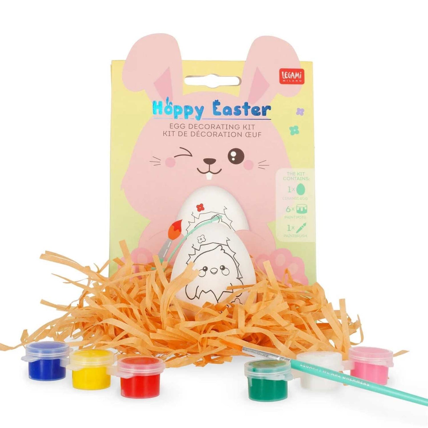 Compra el Kit de Decoración de Huevos Hoppy Easter de Legami. Incluye huevo de cerámica, pincel y 6 pinturas. Crea tus propios adornos de Pascua con este set creativo de edición limitada.