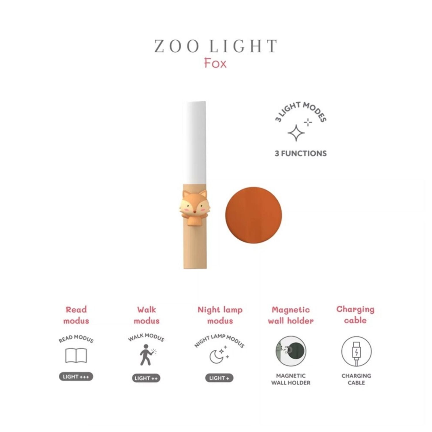Luz Nocturna Zorrito 3 en 1 (Portátil y Recargable)

Esta encantadora&nbsp;luz nocturna con forma de zorrito aporta seguridad, confort y diversión. Su diseño inteligente $3 \text{ en } 1$ la adapta a cada momento del día y la noche, siendo la compañera ideal para el descanso y las aventuras nocturnas.
