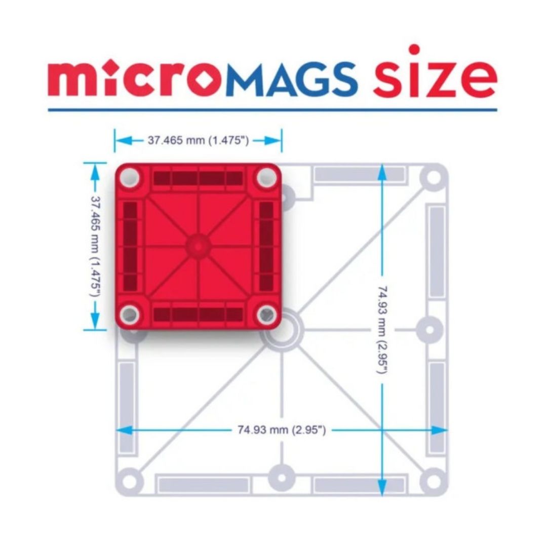 tamaño pieza nueva combinación de fichas MAGNA-T 46pc. COMBO + microMAGS. Crea construcciones únicas y sorprendentes al combinar las fichas clásicas con las fichas microMAGS
