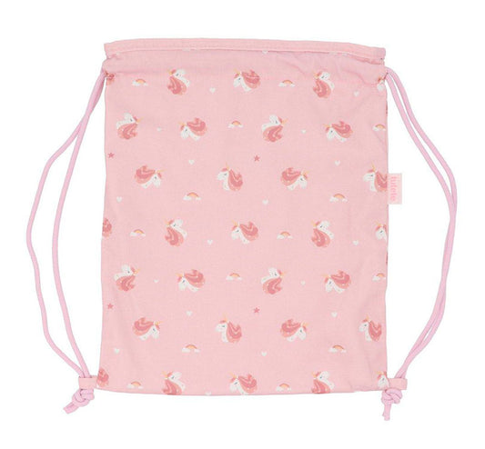  mochila saco ligera! Perfecta para llevar el almuerzo a la escuela o la muda de recambio.  Confeccionada con 100% poliéster, esta mochila tiene un tamaño ideal: alto 34.5cm x ancho 27.5cm. Cuenta con un práctico asa de cordón en los laterales y se puede lavar a máquina sin problemas. Descubre nuestra colección de MAGICAL UNICORN con estampados divertidos de UNICORNIOS 