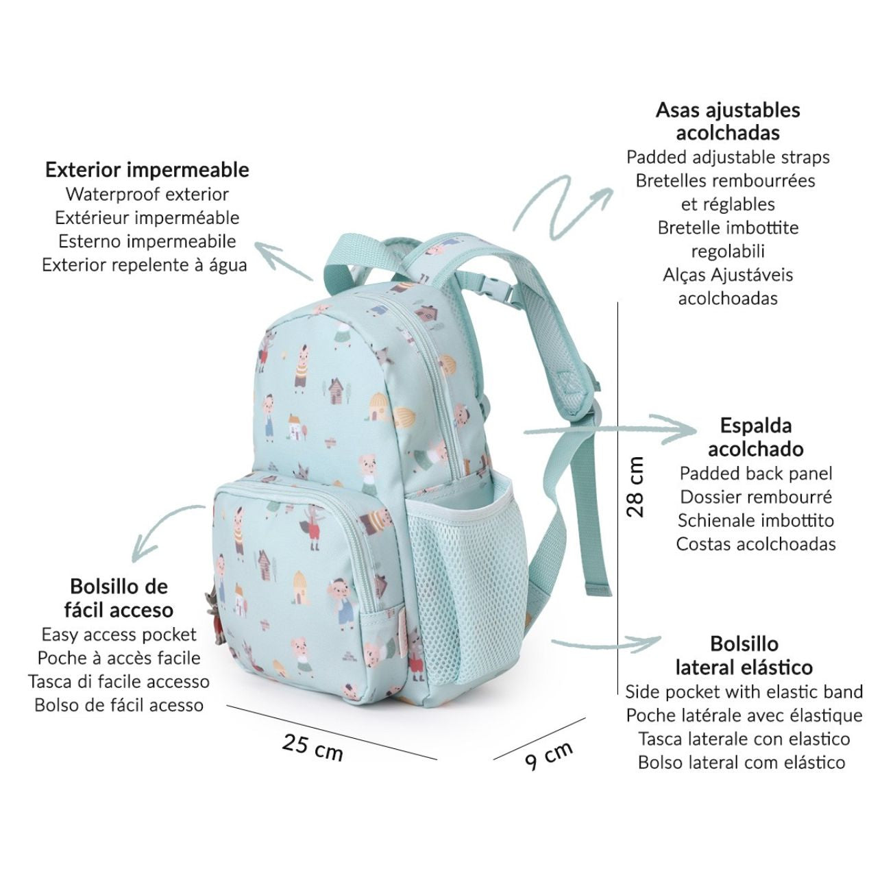  Mochila Infantil Tres cerditos de Tutete. Esta mochila infantil personalizable tiene el tamaño perfecto para niños de 12 meses a 5 años, ideal para llevar una muda, snacks y su juguete favorito. Su diseño impermeable protege todas sus pertenencias en los días de lluvia