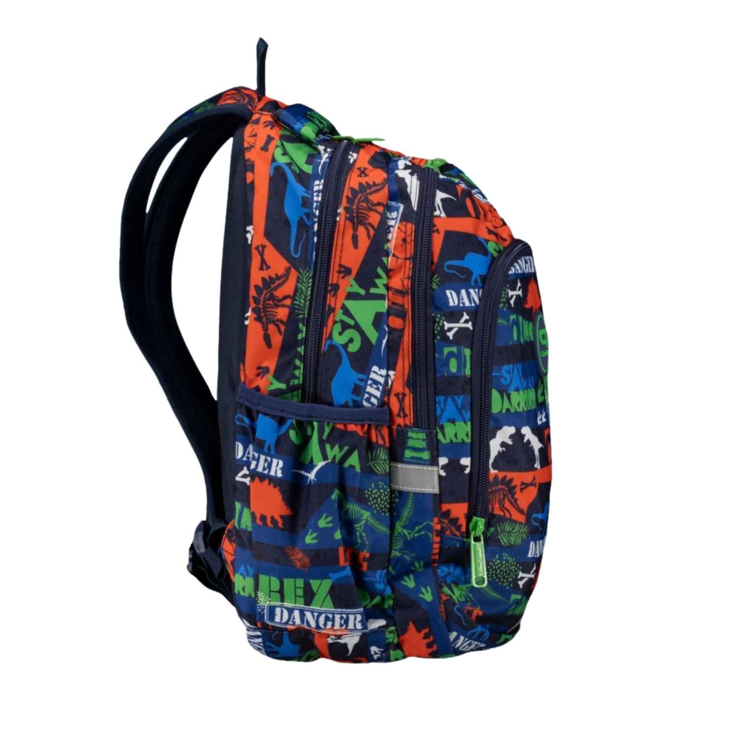 mochila escolar PRIME Happy Dinos de CoolPack! Una mochila de talla media ultraligera, fabricada con respaldo ergonómico de goma EVA y tirantes acolchados que garantizan un reparto óptimo del peso. Su diseño alegre y colorido cuenta con fondo reforzado, dos compartimentos espaciosos aptos para formato A4, bolsillo frontal con llavero de clic y bolsillos laterales con goma para la botella de agua.